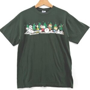 Peanuts Charlie Brown Christmas Snow Y2K Green T‎ Shirt Gildan Heavy Cotton M